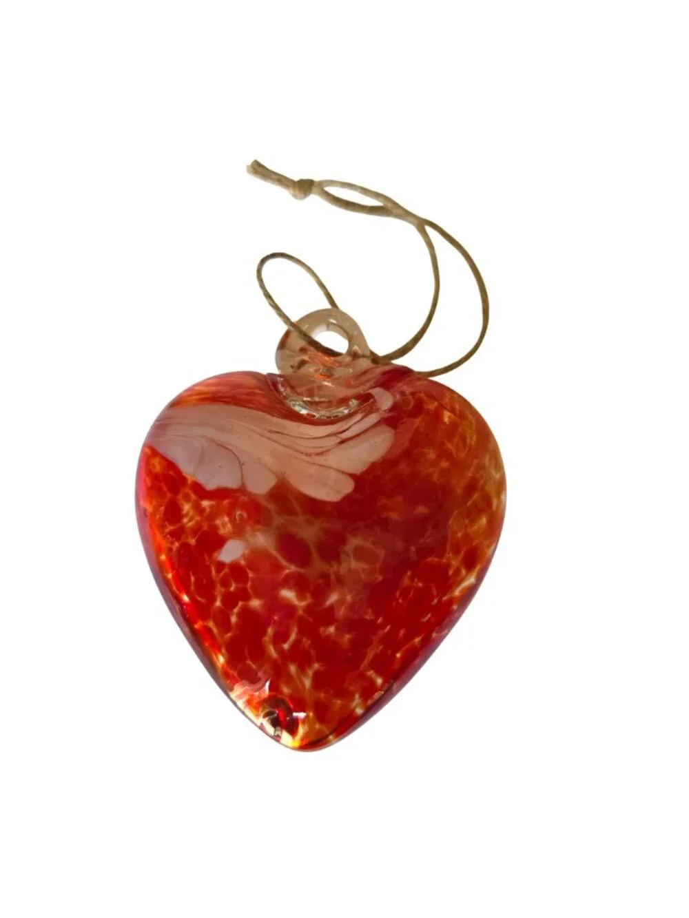 Set of 3 Handblown Glass Heart Ornaments with Hooks Multicolor Red Swirl Orange